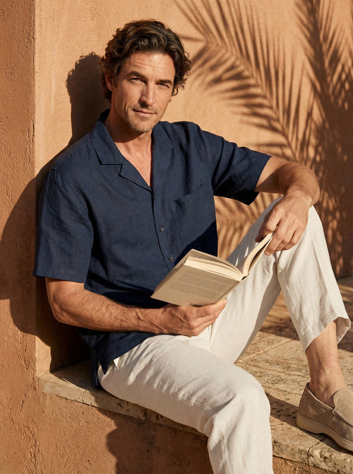 100% Linen Camp-Collar Elbow-Sleeve Shirt HENRY